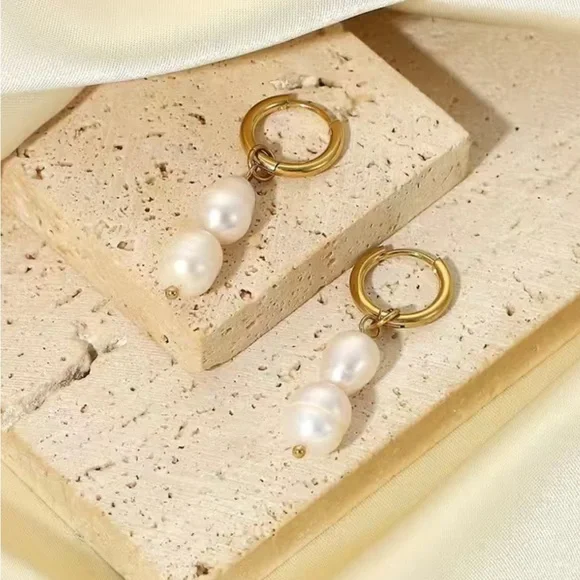 Gold and Pearl huggie drop earrings - Picture 2 of 3